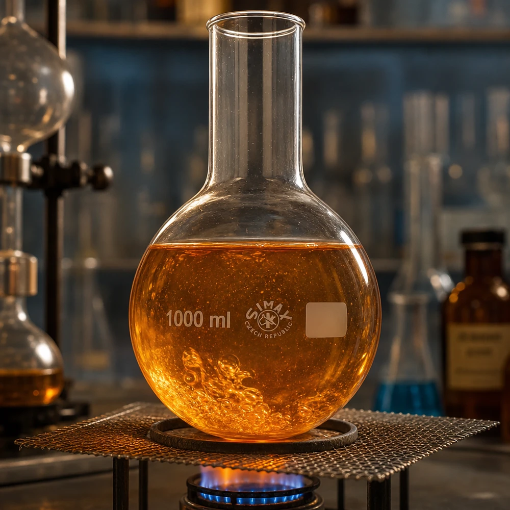 Pyöreäpohjainen pullo 1000ml leveä kaula Laboratorion pyöreäpohjainen pullo 1000ml, kun sitä kuumennetaan Bunsen-polttimella lämpöreaktioita varten.