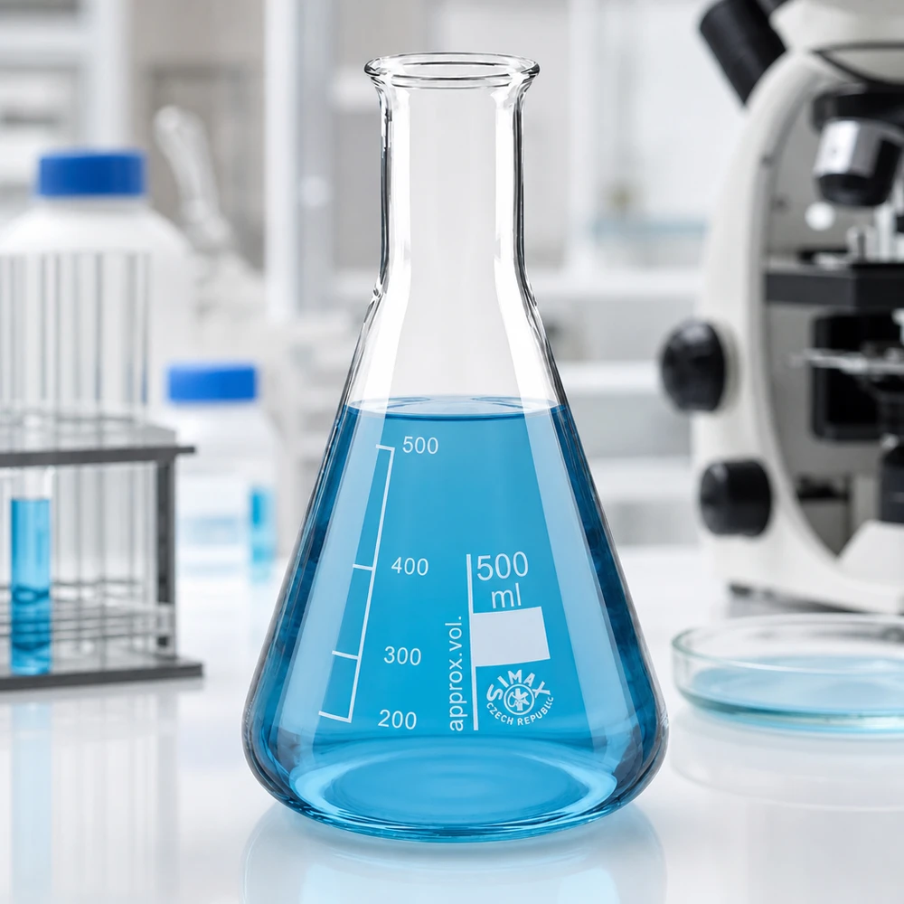 Erlenmeyer-pullo 500ml kapeakaulainen pullo Erlenmeyer-pullo 500ml kapea kaula, jossa on sininen liuos steriilissä laboratorioympäristössä kemiallisiin kokeisiin.