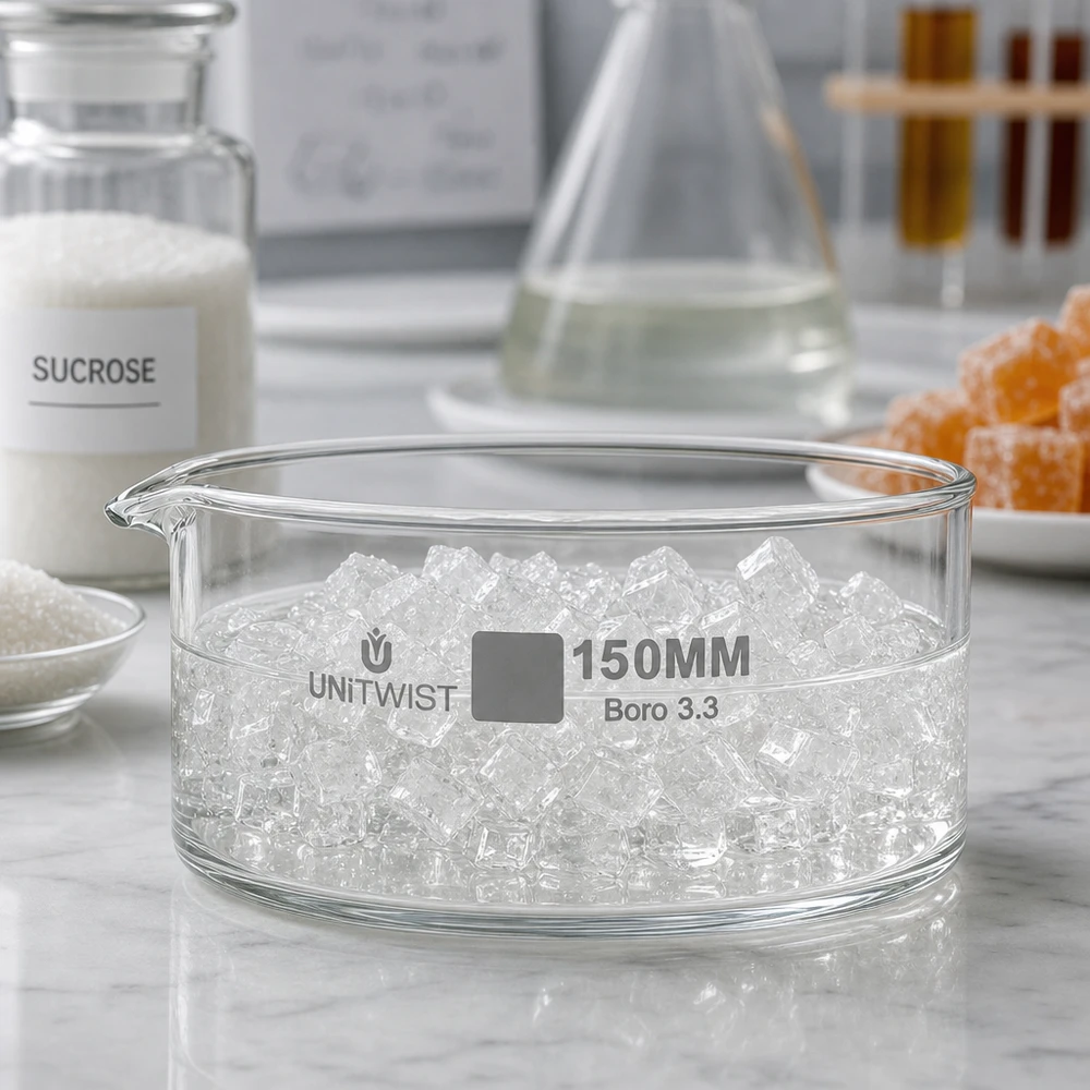 Kiteytysastia ø150mm borosilikaattilasi UNiTWIST UNiTWIST Kiteytysastia, halkaisija 150 mm, UNiTWIST Boro 3.3, sokerikiteillä (sakkaroosi), laboratoriokäyttöön