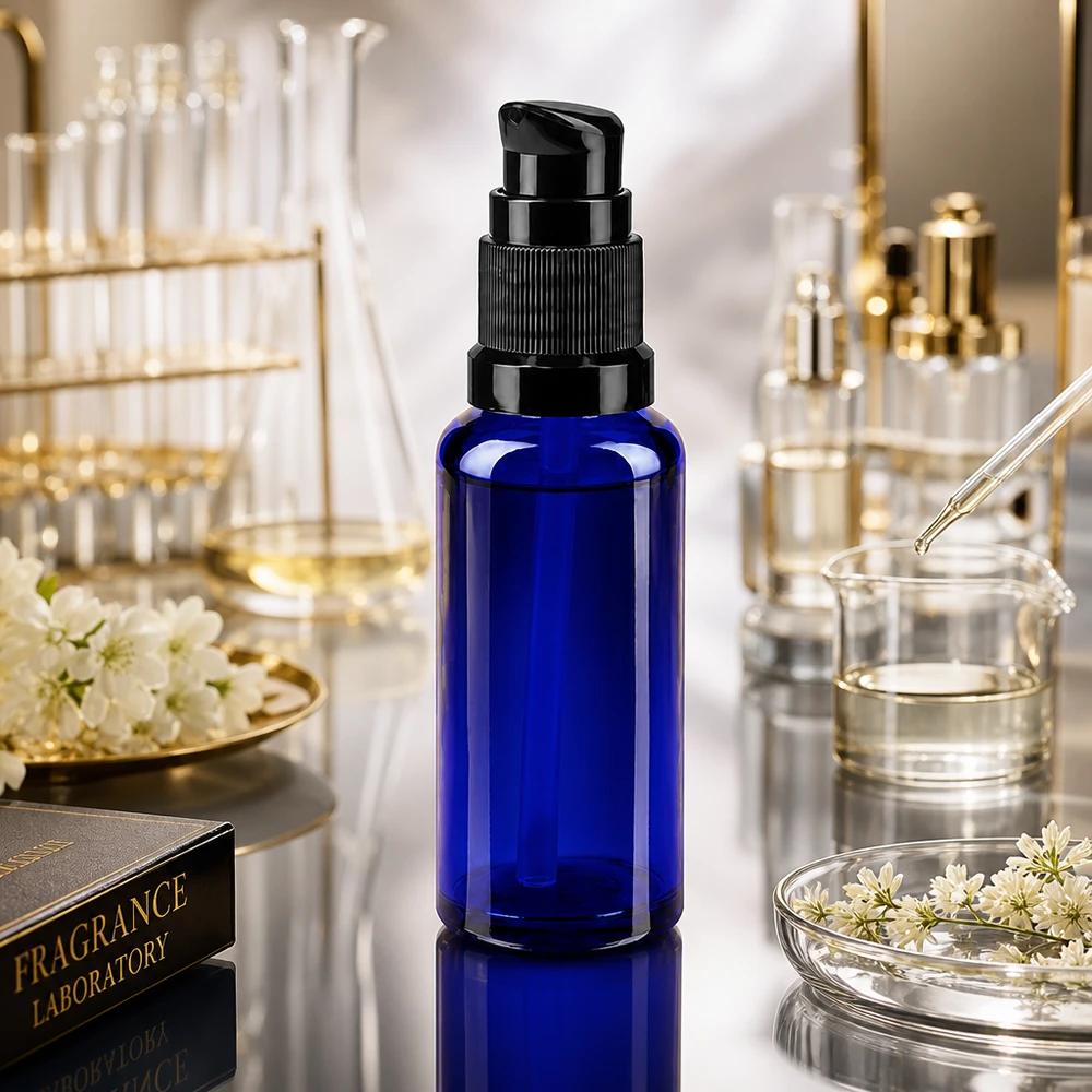 Apteekkipullo sininen 30ml pumppukorkki musta standardi Koboltinsininen 30 ml:n ApoGlas-pumppupullo, jossa on musta annostelija, laboratoriokäytössä