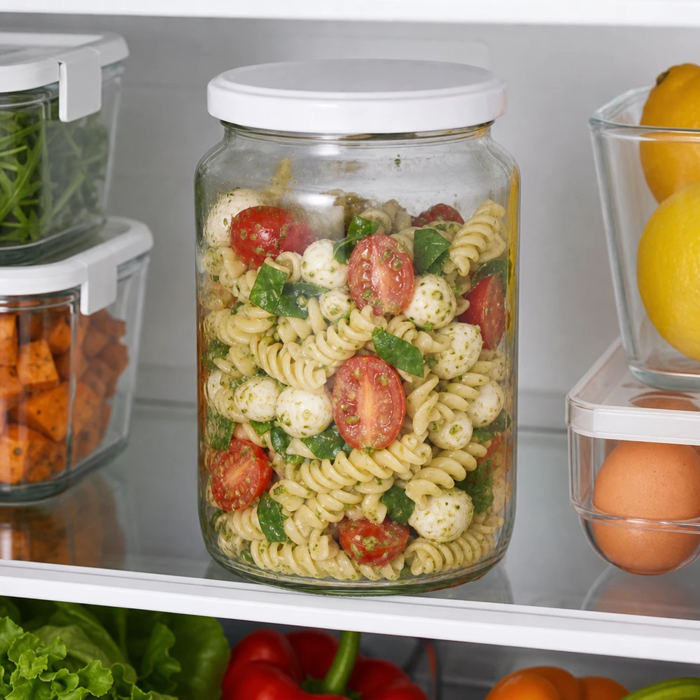 795ml UNiTWIST pyöreä purkki aterianvalmistusastiana jääkaapissa pastasalaatilla täytettynä osoittaa täydellisen tuoreuden säilymisen.