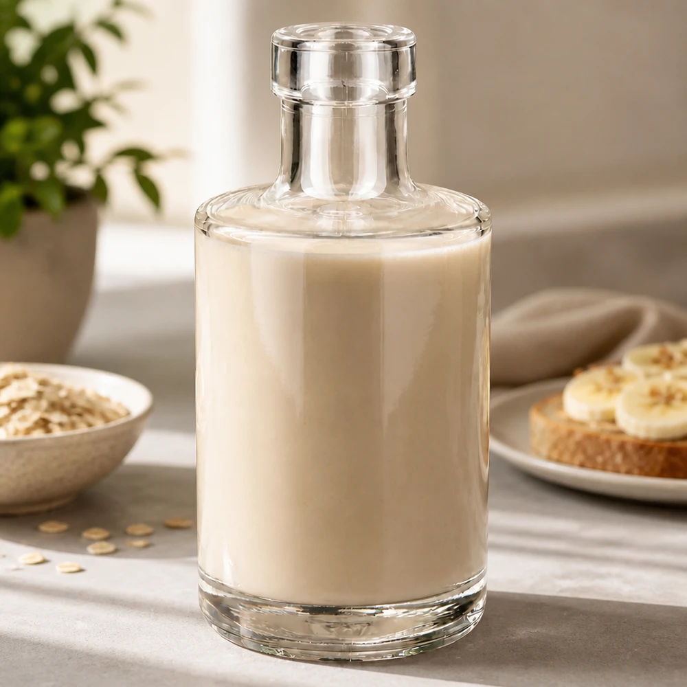 200ml Glasflasche "Marie" ohne Verschluss UNiTWIST Lasipullo Marie 200ml täynnä kauramaitoa Elämäntyyli keittiö kohtaus kaurahiutaleilla ja leivällä Sovellus