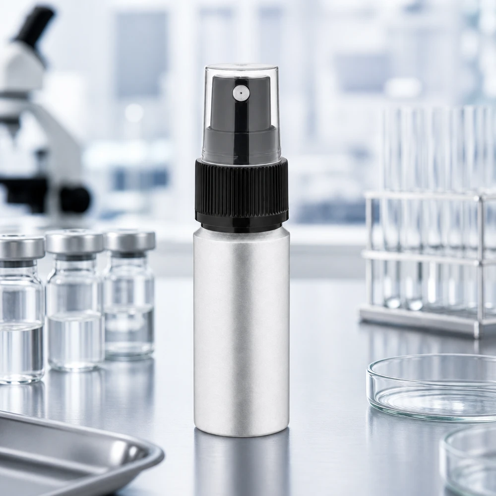 Laboratoriotestattu 20ml alumiinipullo, jossa on sumutin ammattimaiseen kosmetiikkatuotantoon.