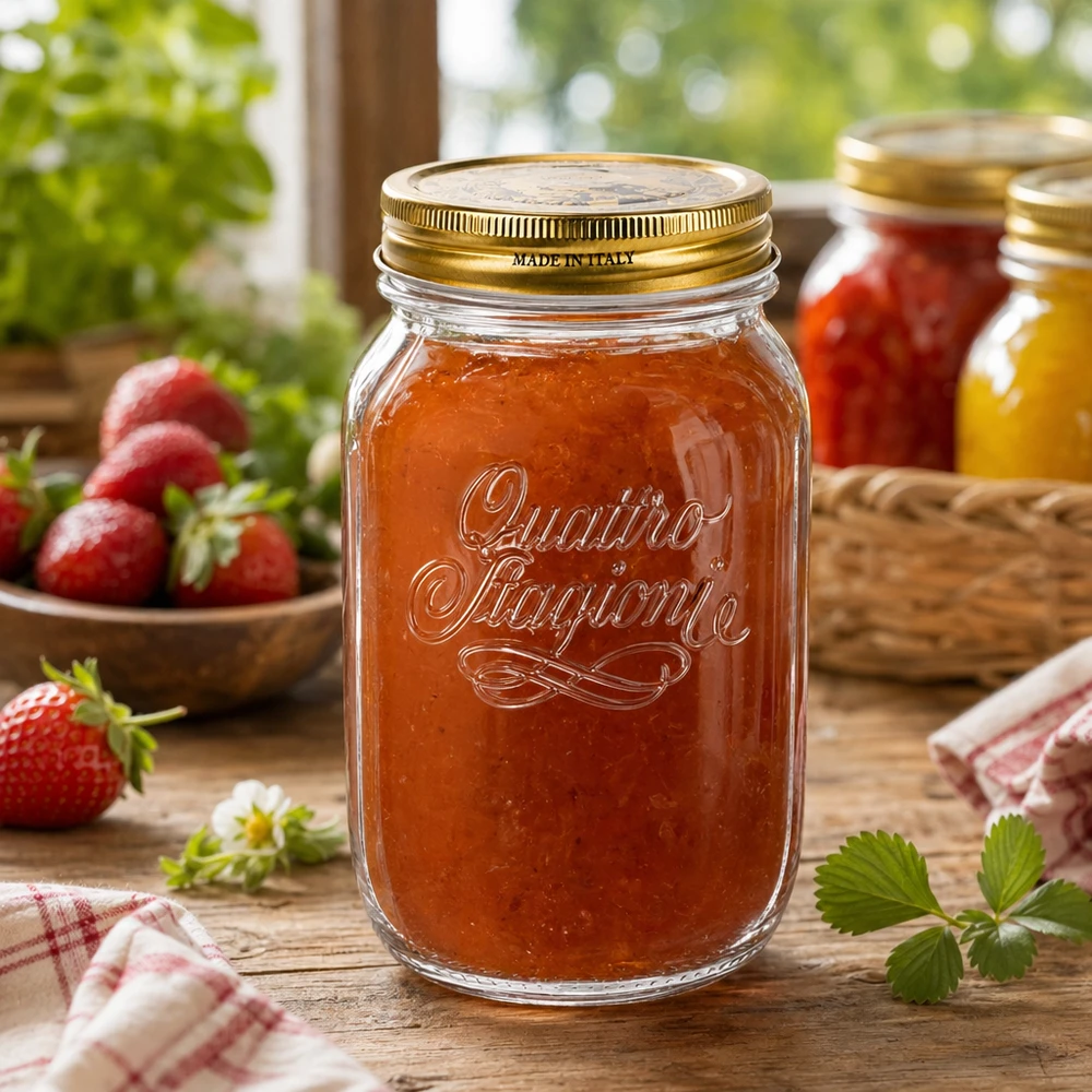 1000ml Quattro Stagioni -purkki täynnä kotitekoista mansikkahilloa maalaismaisella puupöydällä italialainen säilöntäpurkki