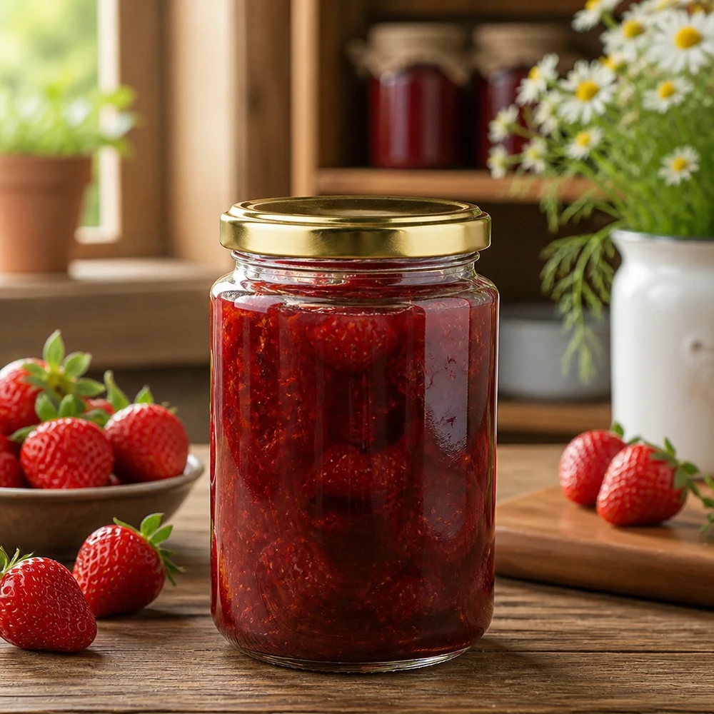 382 ml:n pyöreä purkki, jossa on BasicSeal-kansi kultainen UNiTWIST. Hochwertiges 382ml Rundglas mit goldenem UNiTWIST Deckel perfekt für selbstgemachte Marmelade und Konfitüre