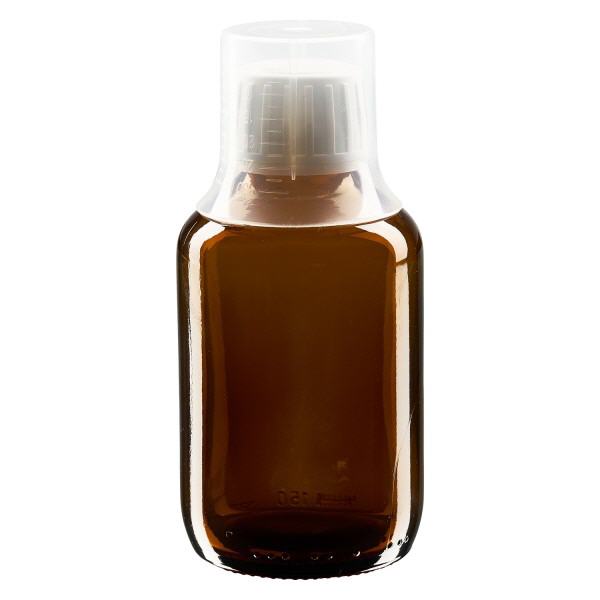 150ml lääkepullo ruskea, väärentämisen estävä korkki, jossa annostelukuppi 30ml ApoGlas
