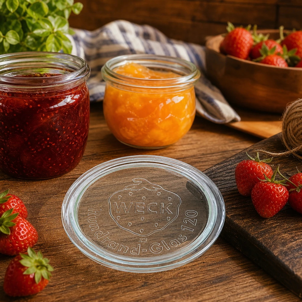 WECK Glasdeckel RR120 für stilvolle Marmeladengläser und Konservierung von Obst in rustikaler Küche mit Erdbeeren