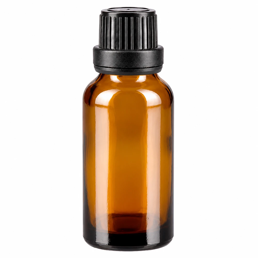 Apteekkipullo ruskea 20ml tiputuskorkki valurengas 2mm musta peukaloinninesto sulkeminen 20 ml:n ruskea lasipullo, jossa on musta alkuperäinen korkki ja 2 mm:n tiputusosa apteekkilasista