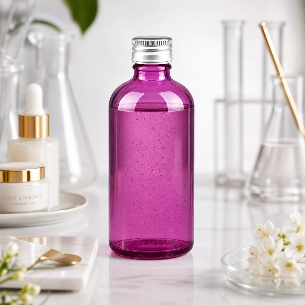 100ml pullo. 11mm ruuvikorkki alumiini-hopea vakio PurpleLine. UT18/100 Kompakti 100ml lasipullo intensiivistä violettia, ihanteellinen ihonhoitotuotteille ja esansseille.