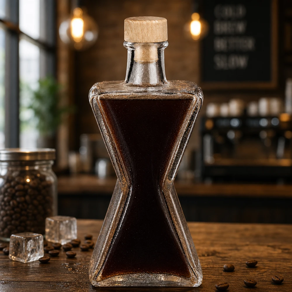 200ml Glasflasche "Star" mit Holzgriff-Korken UNiTWIST 200ml Glasflasche Star mit Kaffeelikör befüllt - Holzkorken UNiTWIST in stilvoller Café-Atmosphäre mit Kaffeebohnen