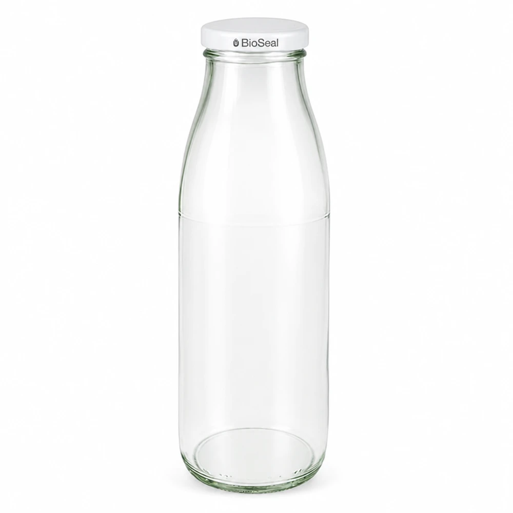500ml lasipullo valkoisella BioSeal-kannella, läpinäkyvä, UN-sertifioitu, maitopullo elintarvikkeille ja juomille.