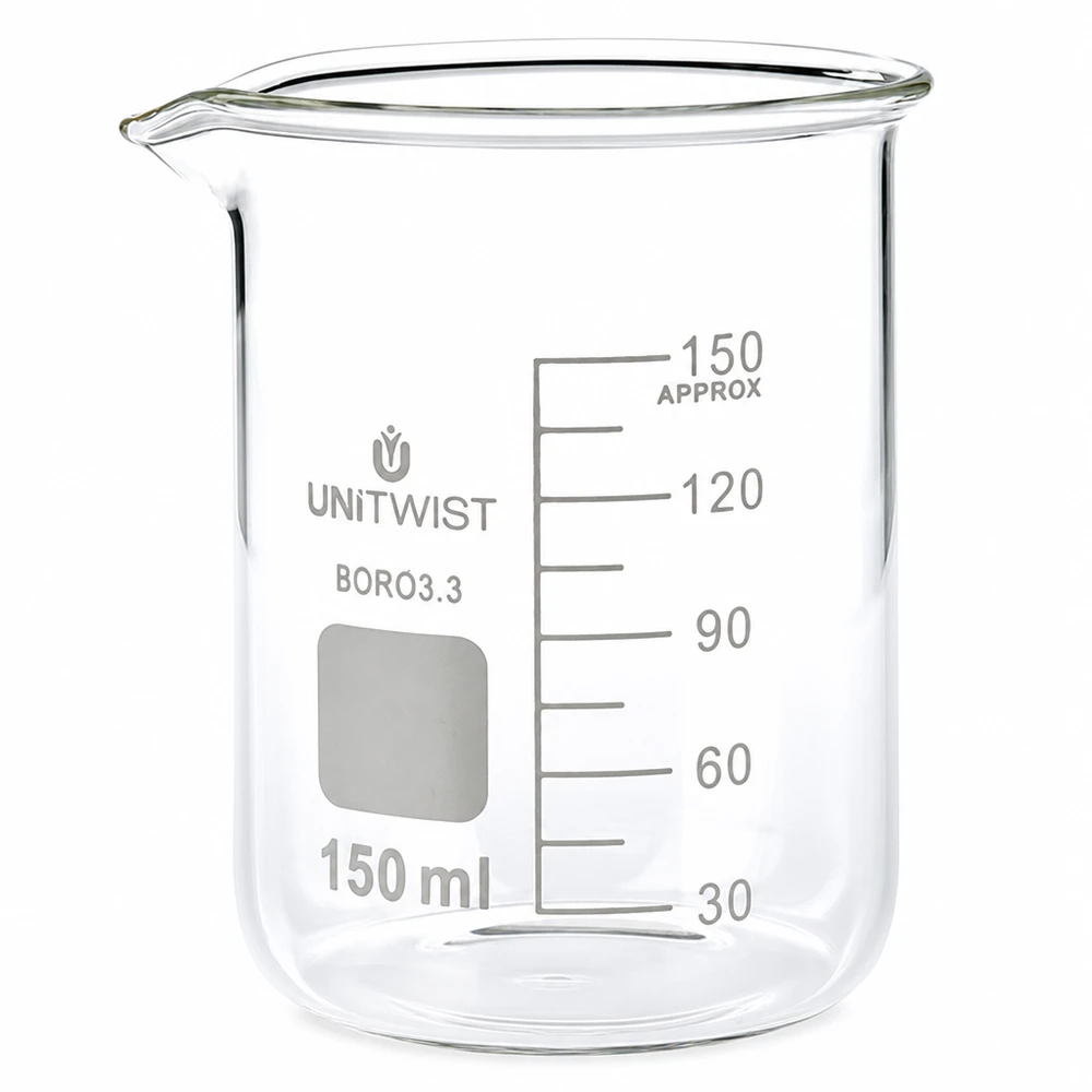 150 ml:n borosilikaattilasi, matala malli, UNiTwist, läpinäkyvä, asteikolla 150 ml:aan asti