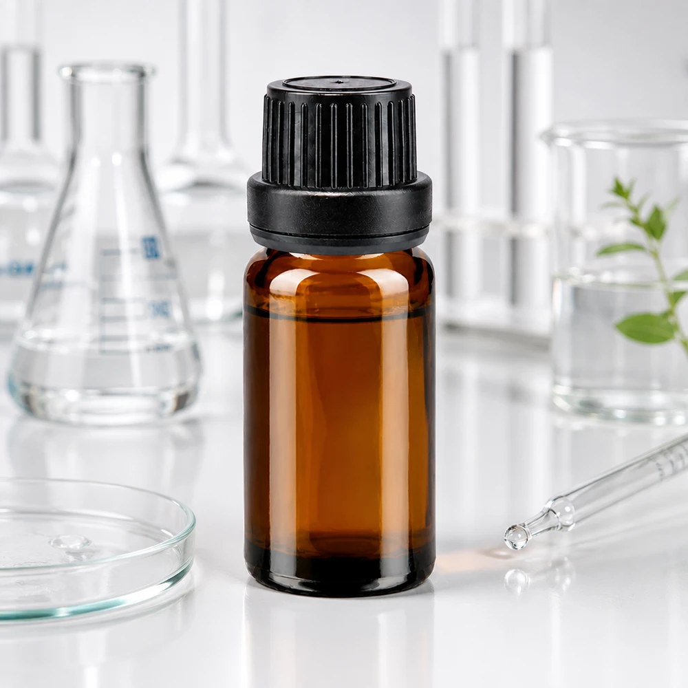 10 ml:n ruskea tiputuspullo, jossa on 2 mm:n tiputuskärki ja musta OV-korkki, laboratoriokäytössä