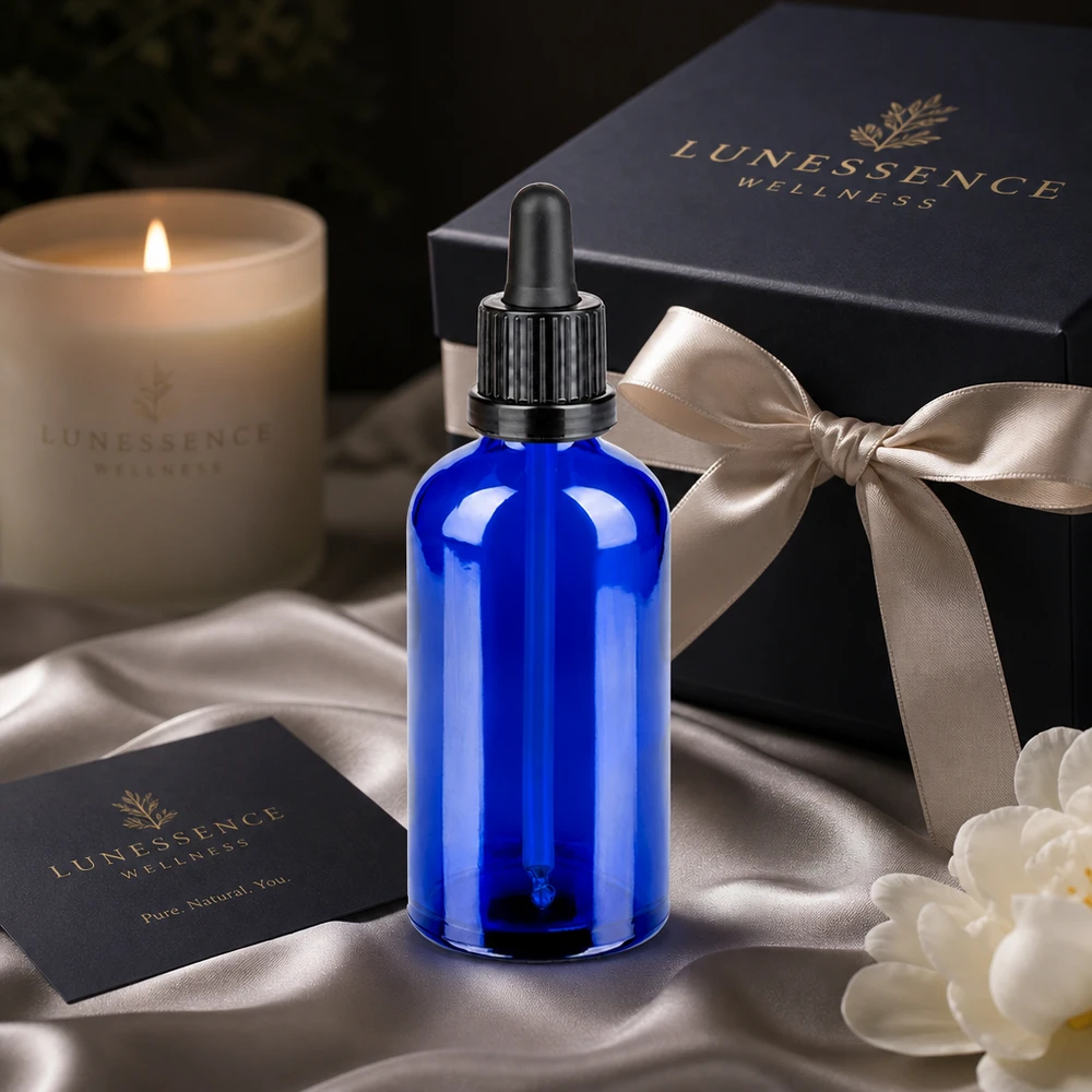 100ml pipettipullo musta tamper-evident-suljin BlueLine UT18/100 Elegantti sininen lasipullo 100ml mustalla pipetillä wellness- ja ihonhoitotuotteille.