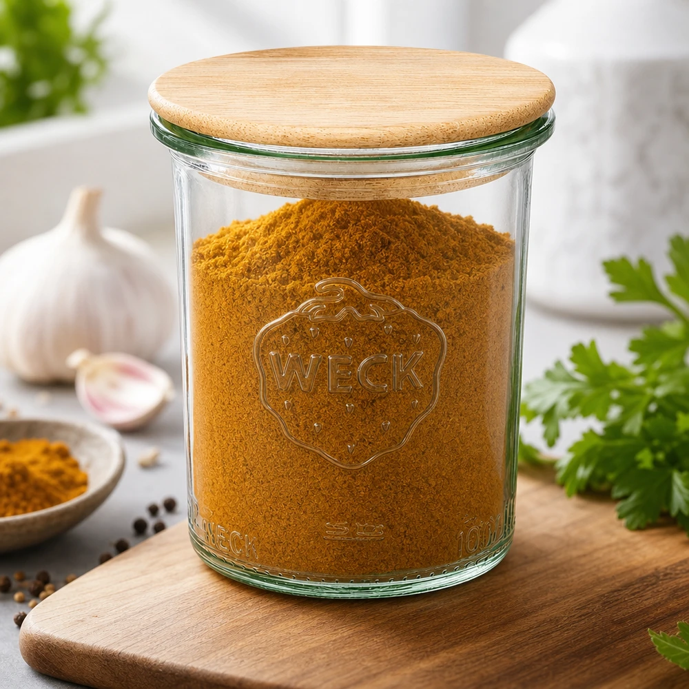 160ml WECK RR60 -mukit, joissa on puukansi WECK 160ml RR60 muuripurkki, jossa on bambukansi, täynnä kurkuma-mausteita keittiön lauta valkosipuli yrttejä
