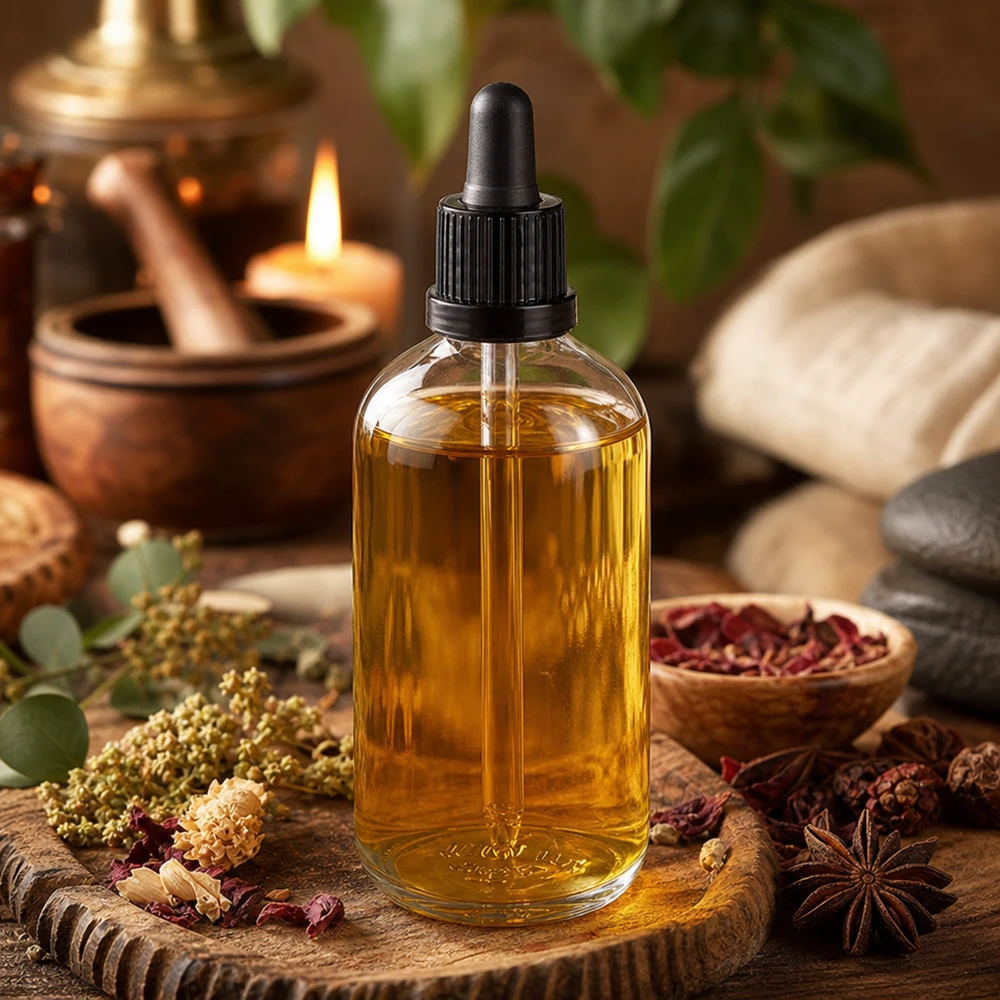 Aromiöljyt 100 ml:n ClearLine-pipettipullossa UT18, jossa on musta tiputin, puulevyllä
