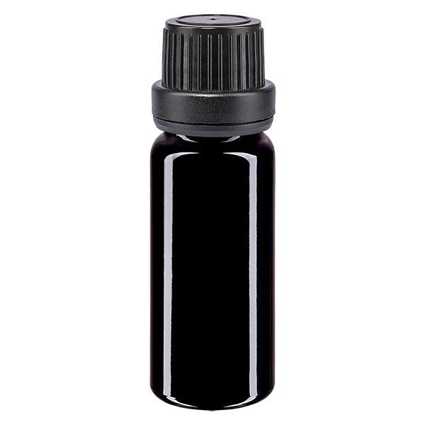 Apteekkipullo violetti 10ml ruuvikorkki musta peukaloinninestosuljin Apteekkipullo violetti 10ml ruuvikorkki musta peukaloinninestosuljin