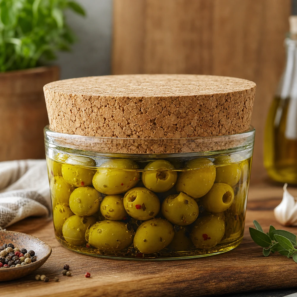 Eingelegte Oliven in Glasdose mit WECK Korken RR40 Naturkork Verschluss mediterrane Küche luftdichte Aufbewahrung 40mm