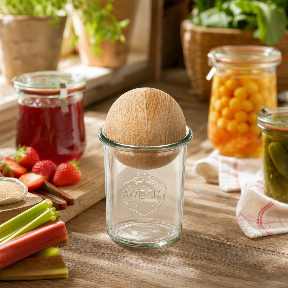 160ml juomalasit WECK RR60 puupallolla pyökki WECK Sturzglas 160ml mit Buchenkugel in rustikaler Küche neben Marmeladengläsern und frischen Zutaten dekoriert