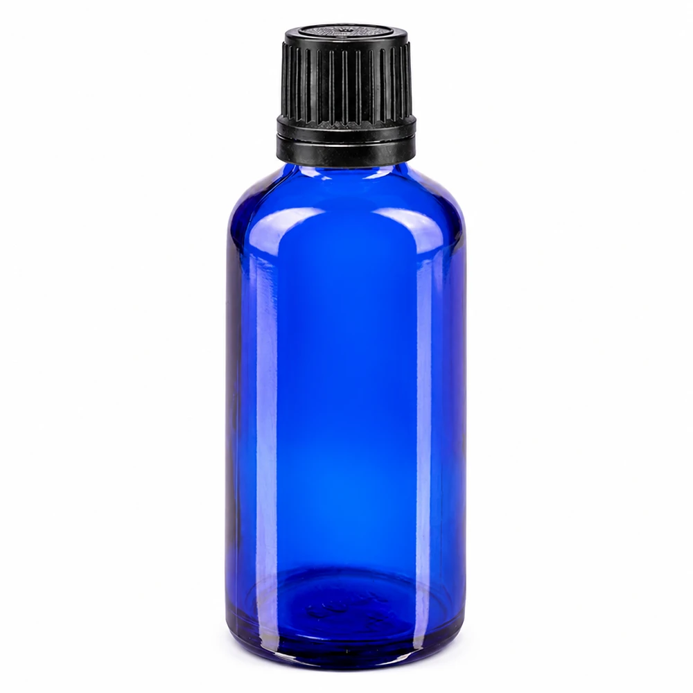 Apteekkipullo sininen 50ml tippapullo korkki kaaderengas 1mm musta peukaloinninesto sulkeminen 50 ml:n sininen lasipullo, jossa on musta OV-korkki ja 1 mm:n tiputusosa apteekkilasista