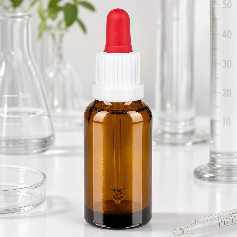 Laboratoriolaatuinen pipettipullo 20ml ruskea UV-suojauksella ja tarkalla pisara-annostelulla.