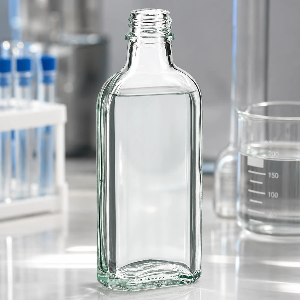 Litteä, kirkas 100 ml:n Meplat-pullo, jossa on DIN22-kierre, lääketieteellisessä laboratoriossa