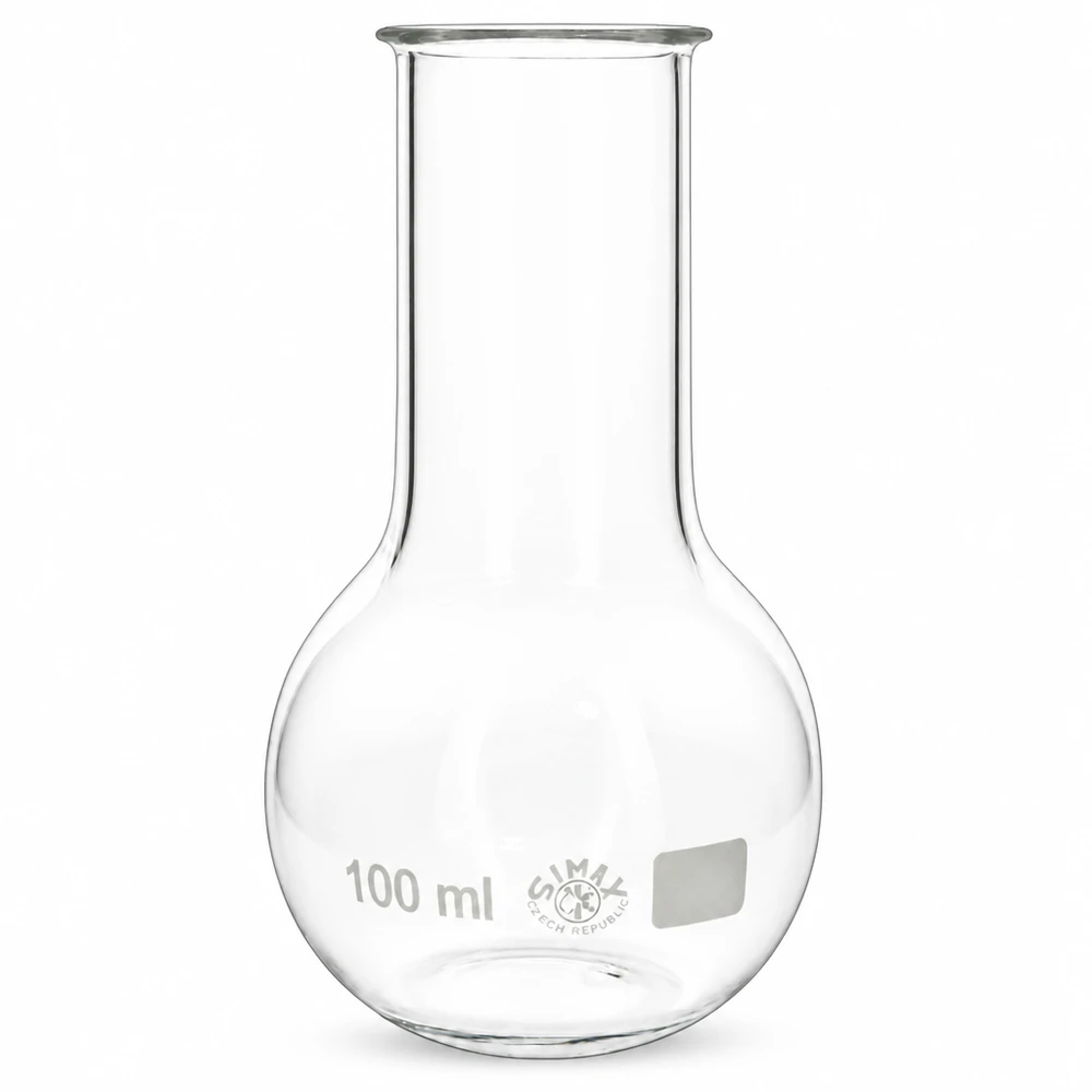 Lantiopullo 100ml leveä kaula Leveäsuinen 100ml seisovapullo, jossa on pyöreä pohja tarkkaan laboratoriotyöhön ja kemiallisiin kokeisiin.