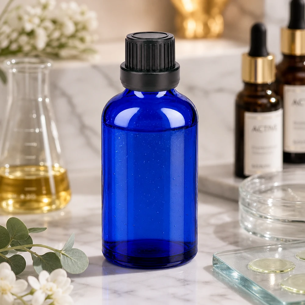 Premium 50ml apteekkipullo, joka on valmistettu UV-suojatusta kobolttilasista ja jossa on musta, väärentämisen varmentava korkki.