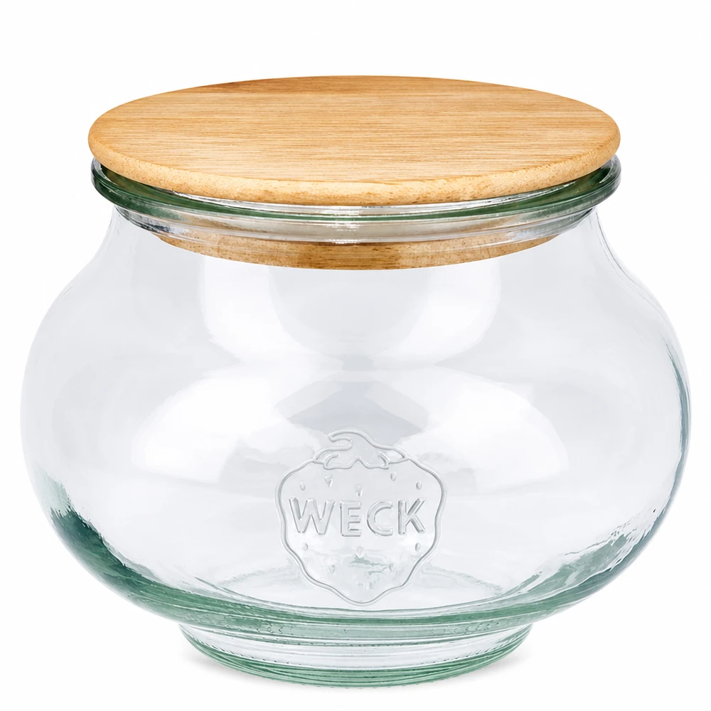 WECK korupurkki 560ml RR80 pyöreällä puukannella tammesta valmistettu läpinäkyvä säilytyspurkki, jossa on Weck-logo.