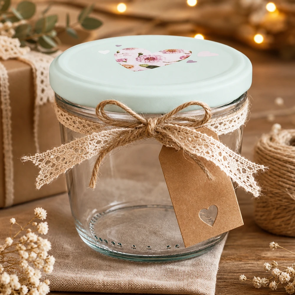 230ml Sturzglas mit BasicSeal Deckel Herz mint als Geschenkidee, dekoriert mit Juteschleife und Geschenkanhänger