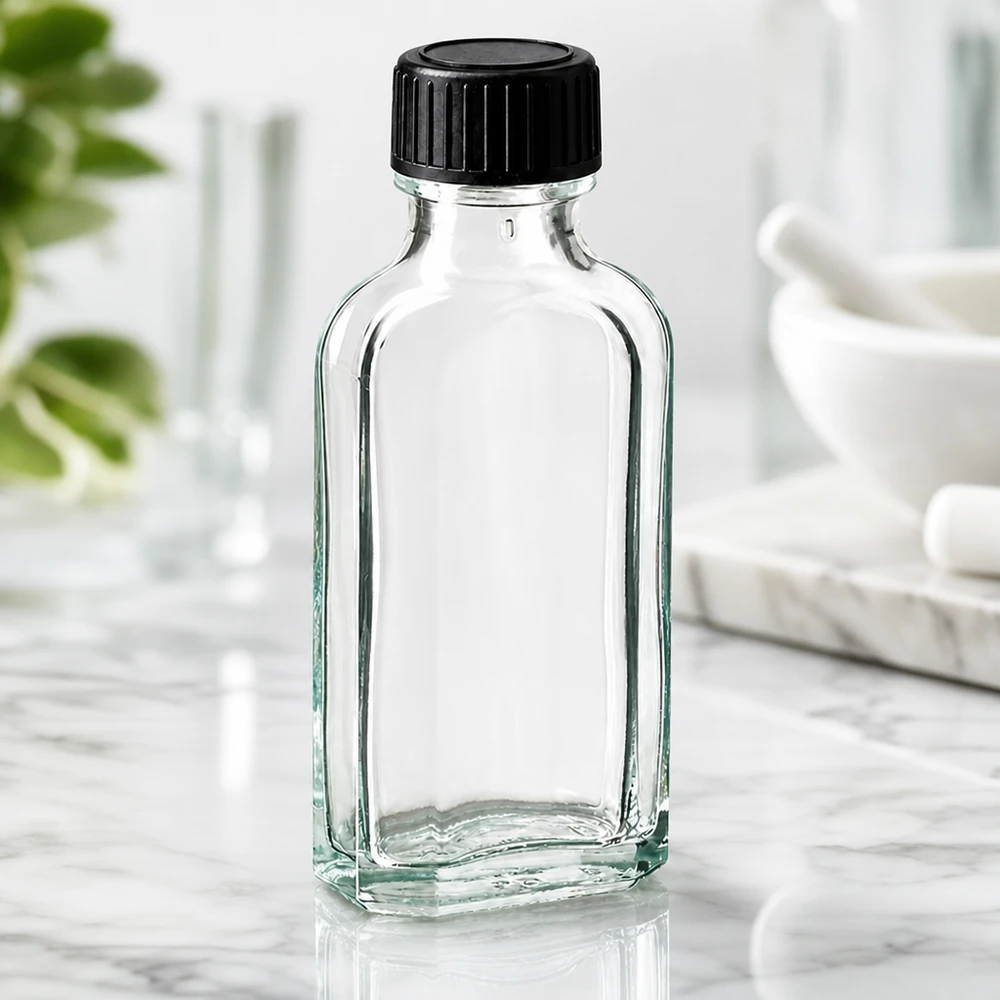 50 ml Meplat kirkas kierrekorkki, jossa on LKD-sulkulevy: LKD-sulkulevy Läpinäkyvä Meplat-lasipullo, 50 ml, mustalla kierrekorkilla, marmorialustalla