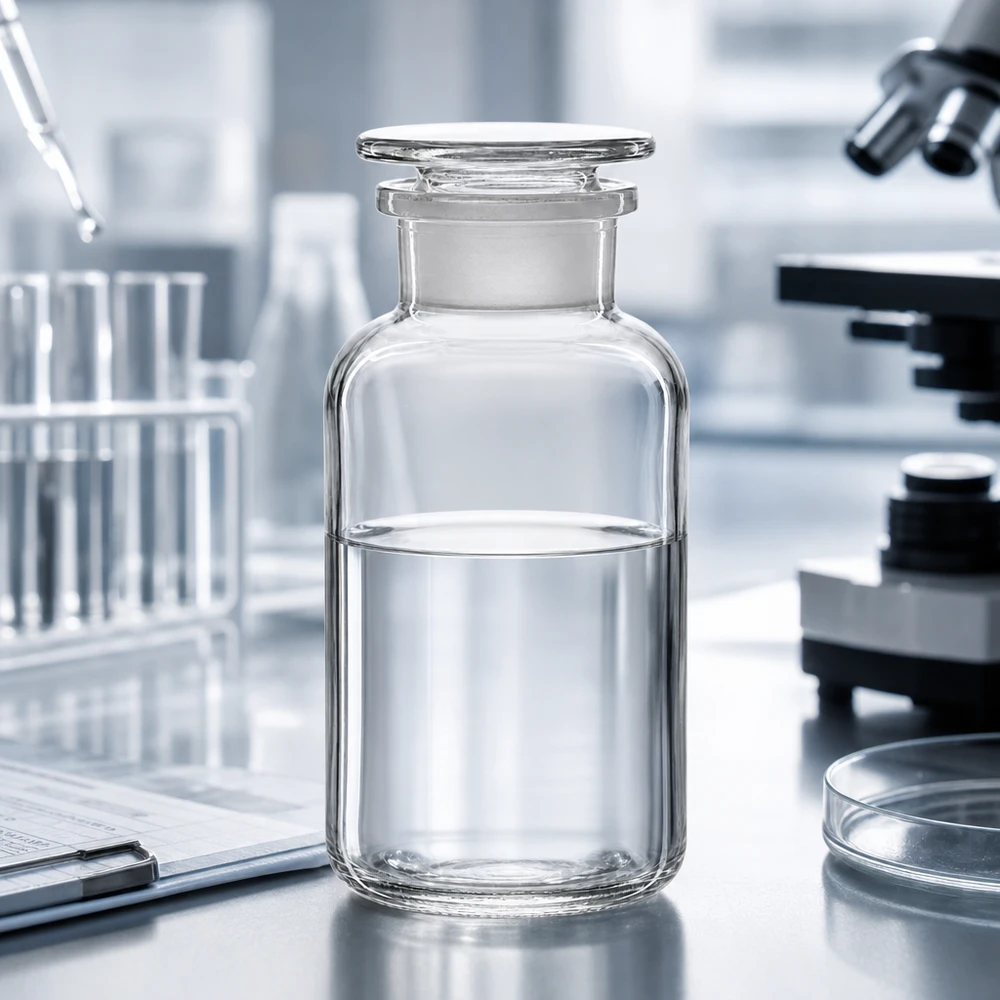 Pyöreä olkapääpullo 500ml kirkas leveäkaulainen lasitulppa Pyöreäolkapullon 500 ml, leveäkaulainen, kirkas, laboratoriopöydällä mikroskoopin ja petrimaljan vieressä