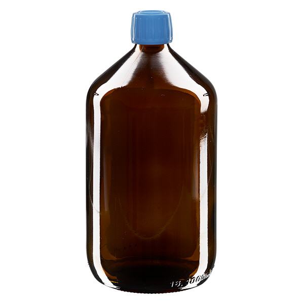 1000ml lääkepullo ruskea, sininen korkki, jossa peukaloinninestosormus ApoGlas 1000ml lääkepullo ruskea, sininen korkki, jossa peukaloinninestosormus ApoGlas