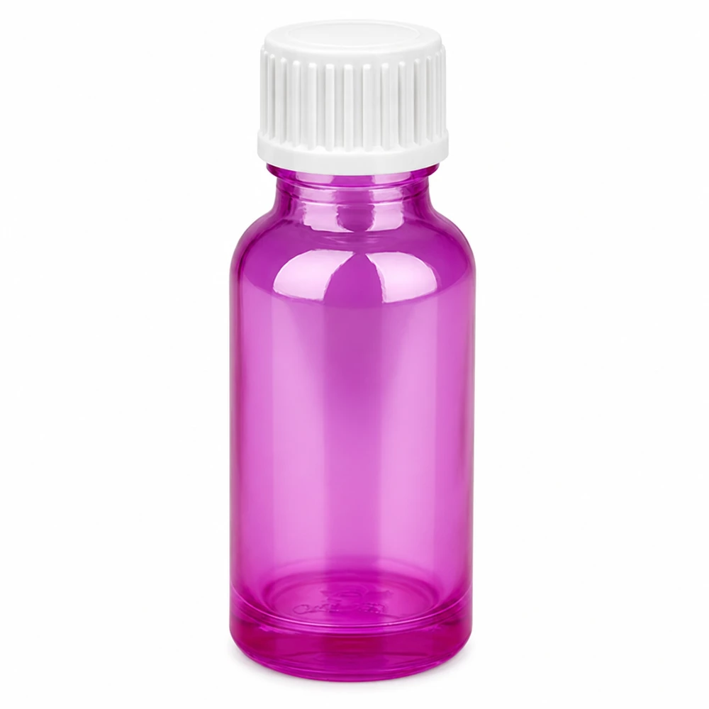 20ml kirkkaan violetti lasipullo, jossa valkoinen kierrekorkki eteerisille öljyille.