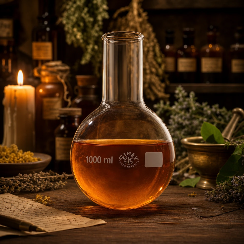 Ammattimainen laboratoriopullo 1000ml, jossa on leveä kaula tislaukseen ja uuttamiseen kemian alalla.