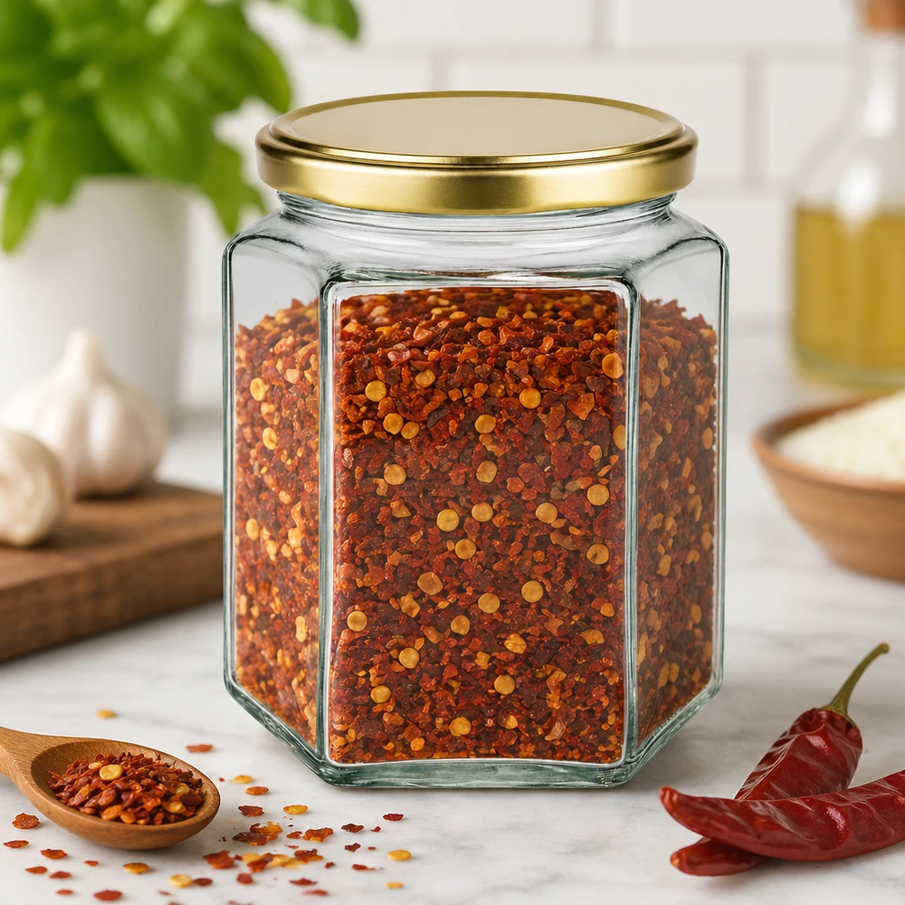 Kuusikulmainen 500g BasicSeal hunajapurkki kultaisella korkilla täynnä chilihiutaleita Mausteet Keittiöstä