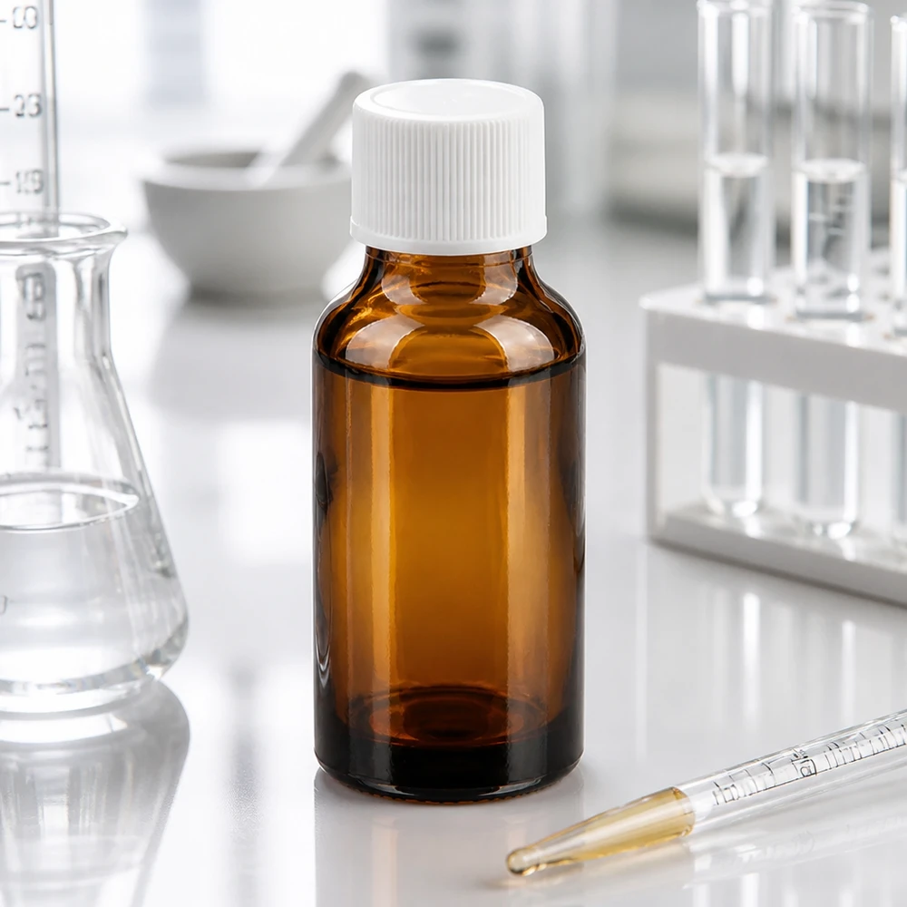 Kompakti 20 ml:n laboratoriopullo meripihkalasista, jossa on tarkka 11 mm:n kierre tarkkaa annostelua varten.