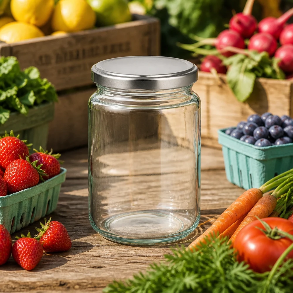 382ml pyöreä lasipurkki, jossa on BasicSeal-kansi hopea UNiTWIST. 382ml Rundglas mit silbernem BasicSeal Deckel inmitten frischer Gartenprodukte Erdbeeren Karotten Tomaten Bauernmarkt