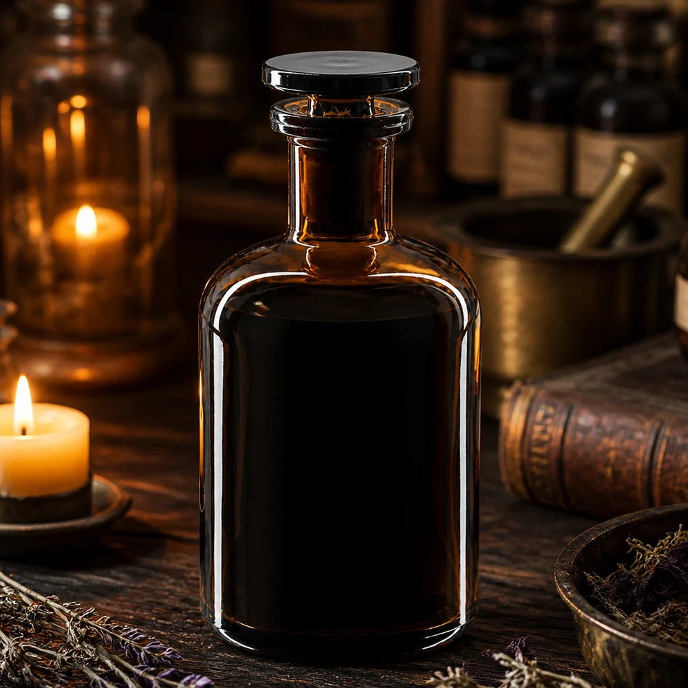 Vintage-tyylinen 100 ml:n ruskea apteekkipullo lasitulpalla kynttilöiden ja vanhojen kirjojen keskellä