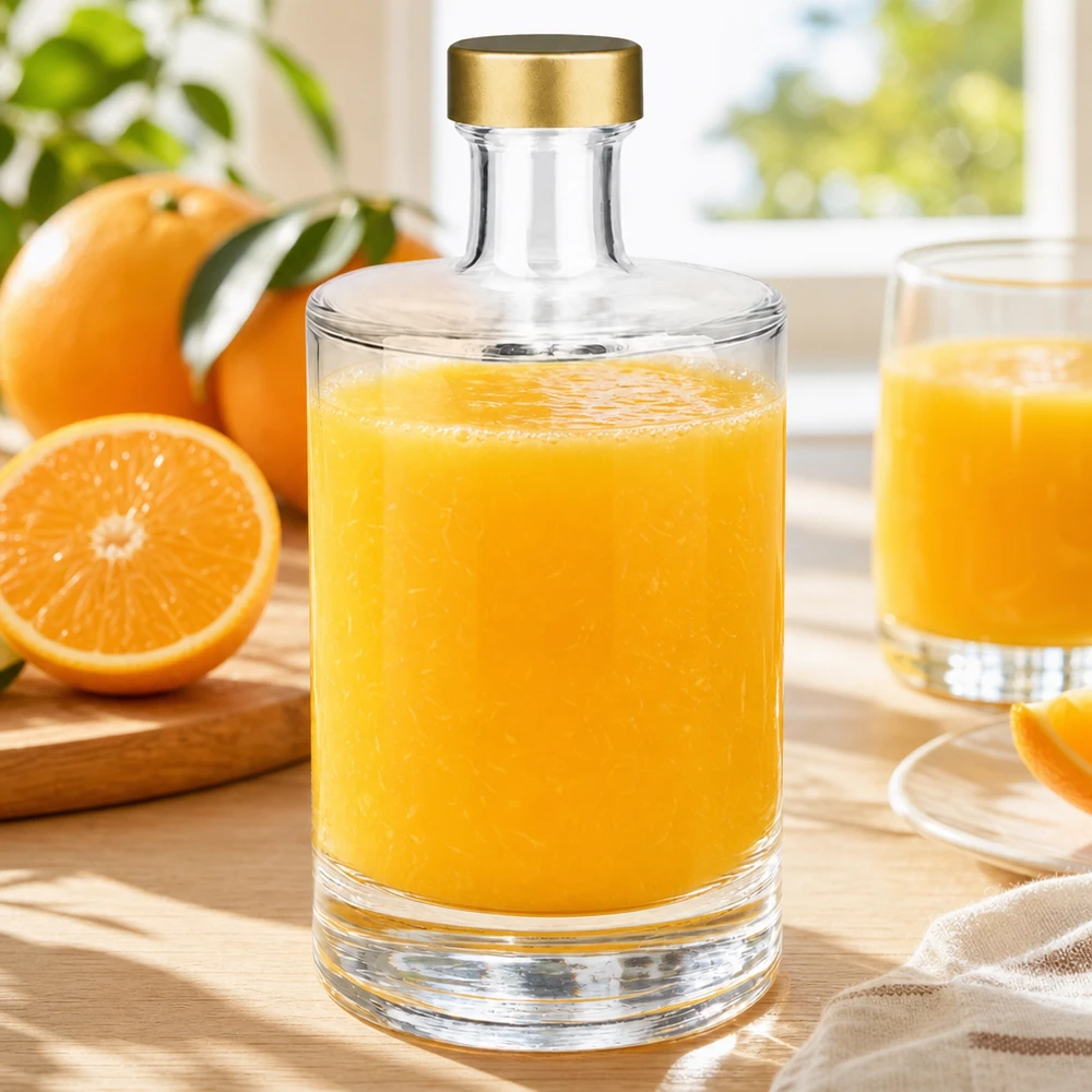 500ml Glasflasche "Sam" + Schraubverschluss gold UNiTWIST 500ml Glasflasche Sam mit Orangensaft befüllt goldener UNiTWIST Verschluss frische Orangen Frühstücks Szene natürliches
