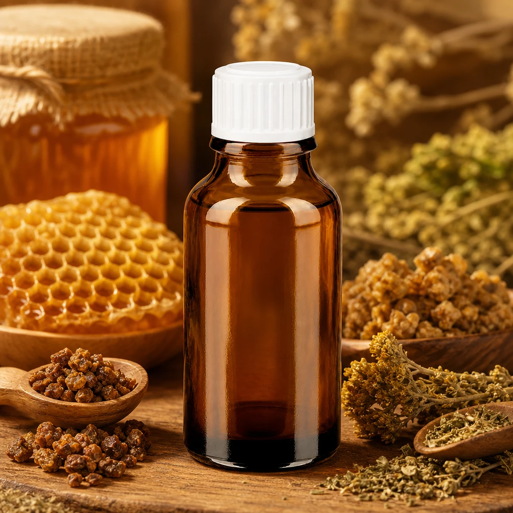 Apteekkipullo ruskea 20ml ruuvikorkki valkoinen standardi Ruskea 20 ml:n apteekkipullo, jossa on valkoinen korkki, hunajakennojen ja lääkekasvien välissä