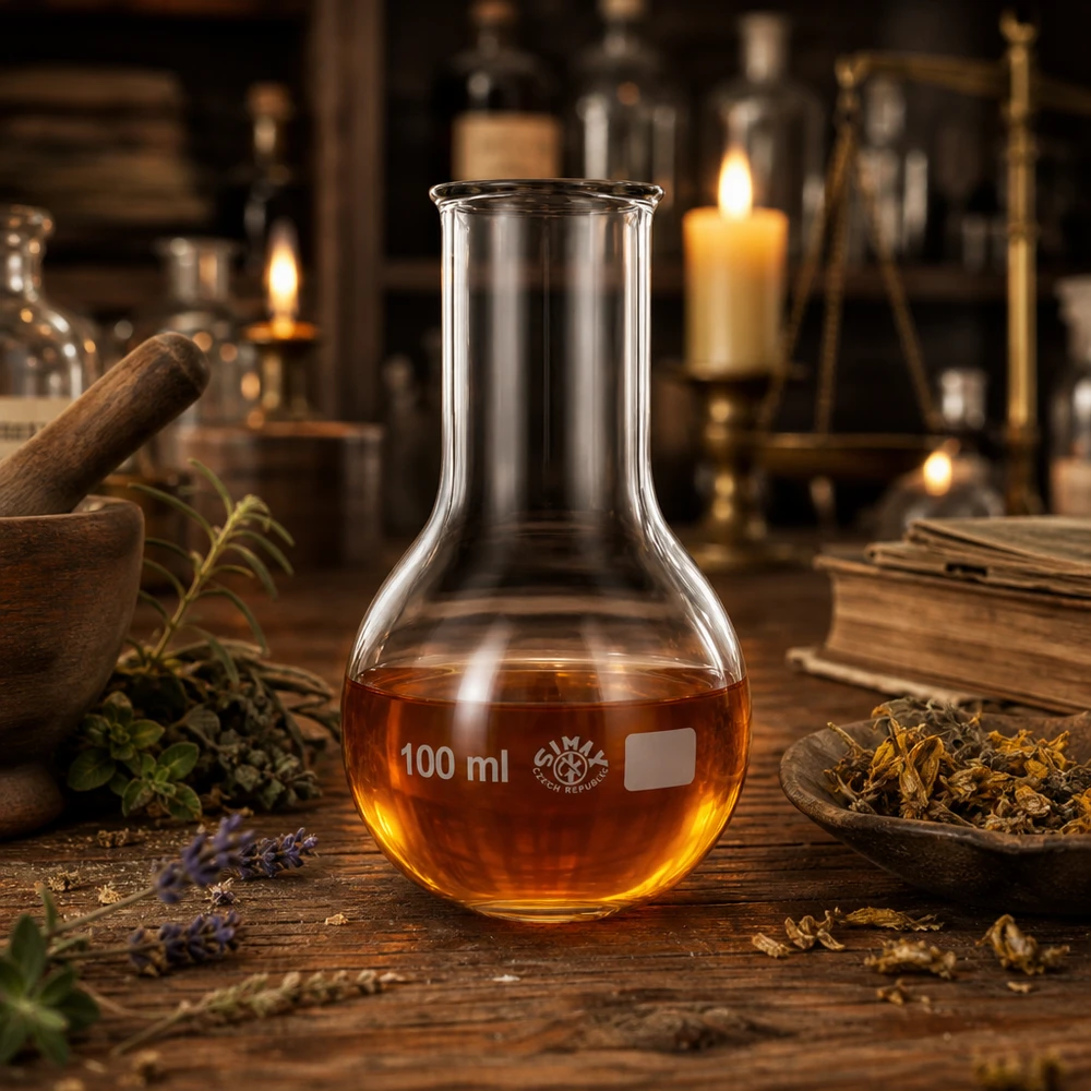 Pyöreäpohjainen pullo 100ml leveä kaula Pyöreäpohjainen pullo 100 ml:n leveä kaula, jossa on asteikko tarkkaa tilavuuden määritystä varten laboratoriossa.