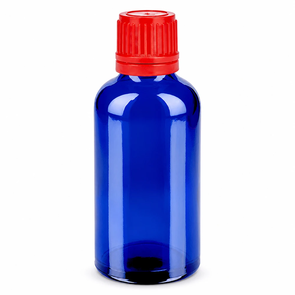 50ml lasipullo sininen, punainen korkki 11mm SV OV BlueLine UT18/50