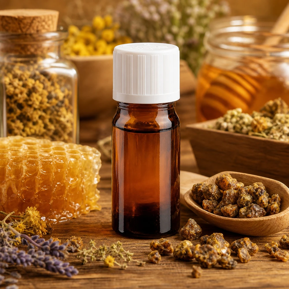 Propolis ja hunaja, 5 ml:n ruskeassa lasipullossa, jossa on valkoinen lapsiturvallinen korkki (11 mm)