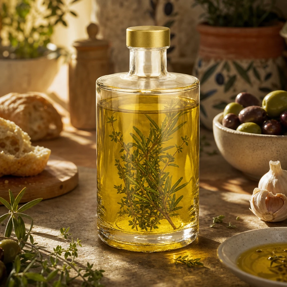 375ml Glasflasche "Sam" + Schraubverschluss gold UNiTWIST 375ml lasipullo Sam täynnä yrttiöljyä rosmariini timjami kultainen UNiTWIST korkki välimerellinen keittiön sisustus