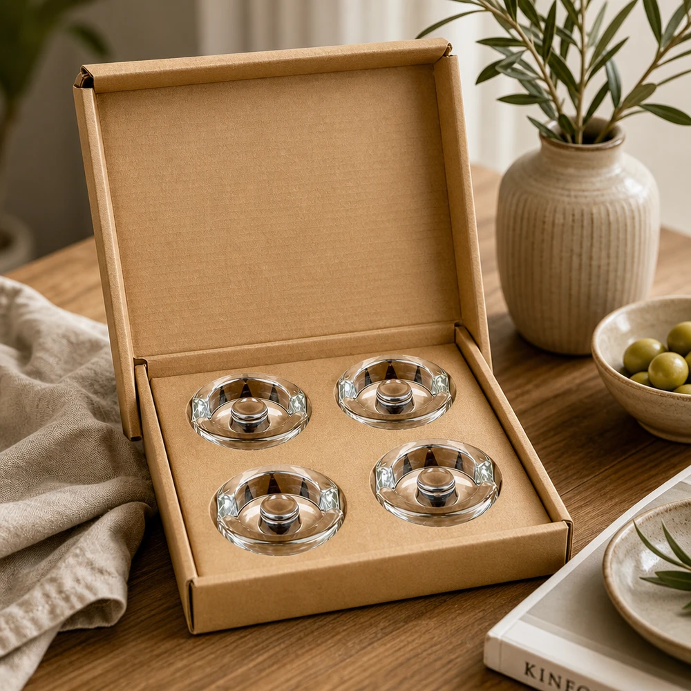 Käymispurkkipainot, joissa on kahva, 4 kpl:n setti UNiTWIST UNiTWIST UNiTWIST Fermentier-Glasgewichte 4er Set in stilvoller Kartonbox auf Holztisch neben Olivenschale und Keramikvase