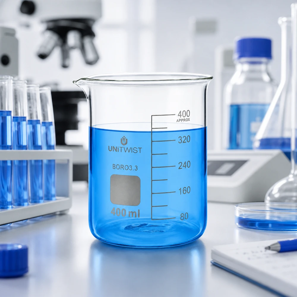 UNiTWIST:n 400 ml:n matalaprofiilinen laboratoriomuki, jossa on sinistä nestettä, valkoisella laboratoriopöydällä