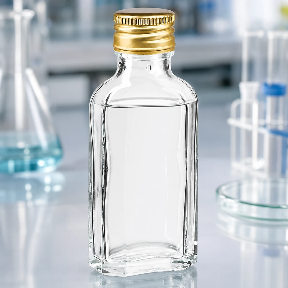 Miniatur Meplat -kirkaslasipullo, 50 ml, kultaisella alumiinisella kierrekorkilla (PP22), laboratoriokäyttöön