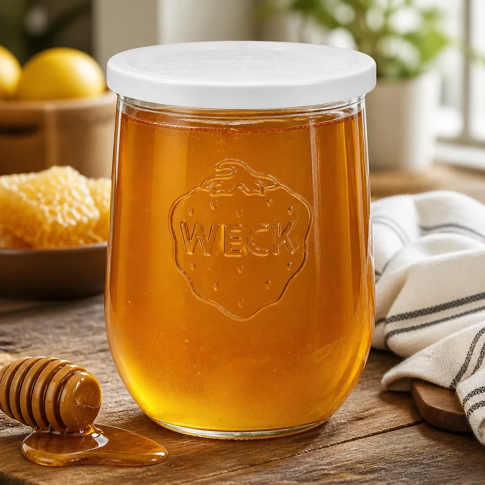 1062ml tulppaanipurkki, jossa on raikkauskansi WECK RR100 WECK tulppaanipurkki 1062ml RR100 täynnä hunajaa hunajalusikan vieressä puupöydällä luonnollisessa keittiöympäristössä.