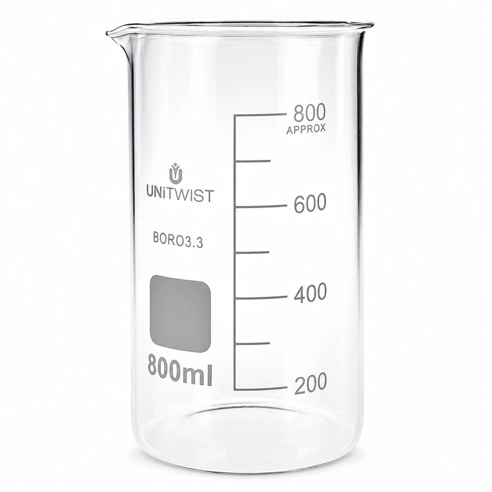 800 ml:n borosilikaattilasi, korkea muotti UNiTWIST UNITWISTin 800 ml:n korkea borosilikaattilasinen mittalasi, jossa on millilitrimittakaava